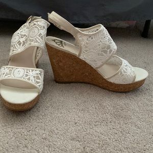 Brand new white crochet lace white wedges fergalicious